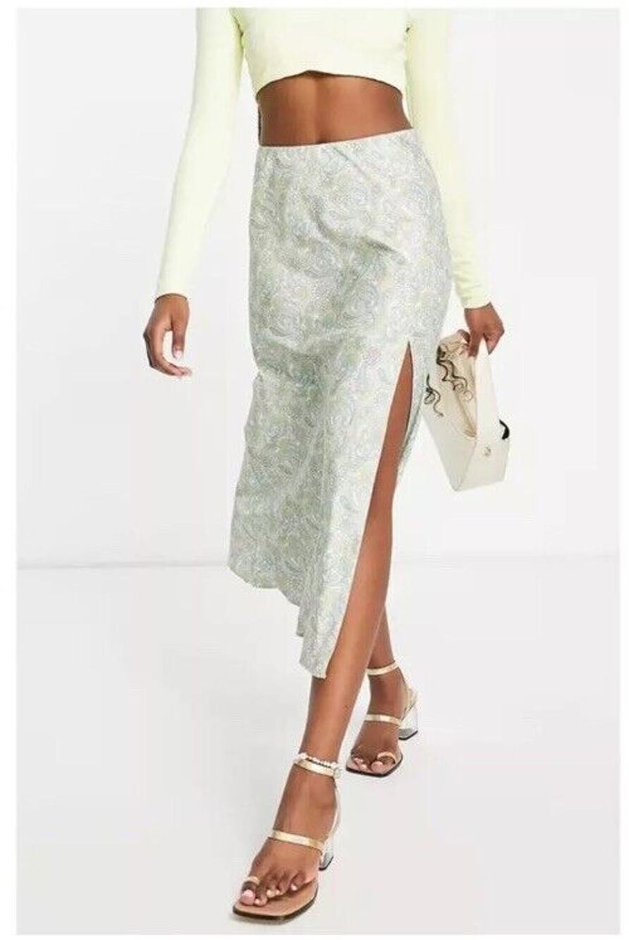 ASOS Miss Selfridge Green Paisley Satin Midi Skirt Slit Elastic Waist Size 8 NEW